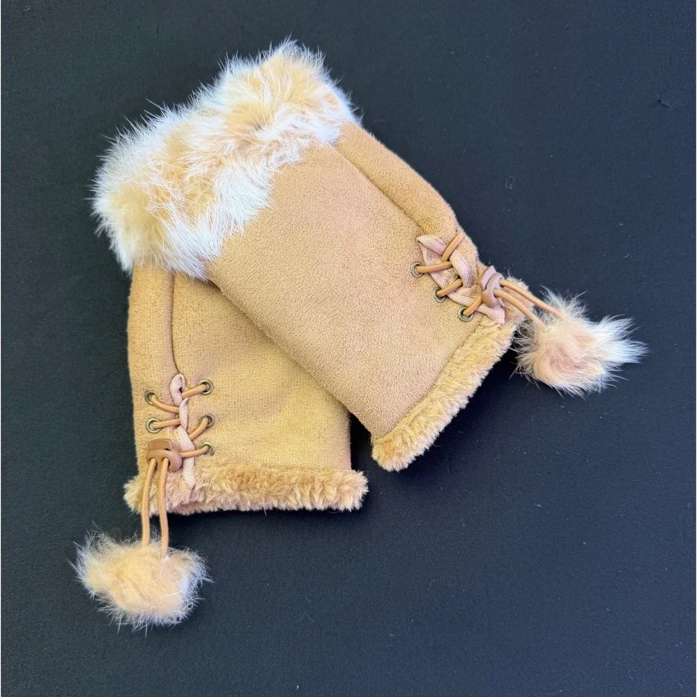 All Jazzed Up Faux Suede Fur Trim Fingerless Gloves Tan Pom Pom Y2K Winter OS
